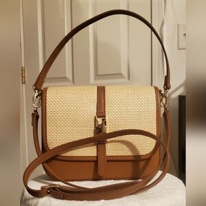 GEORGEOUS Tan Real Leather STELLA BIANCA Crossbody Handbag 2 Strap Gold Accents.